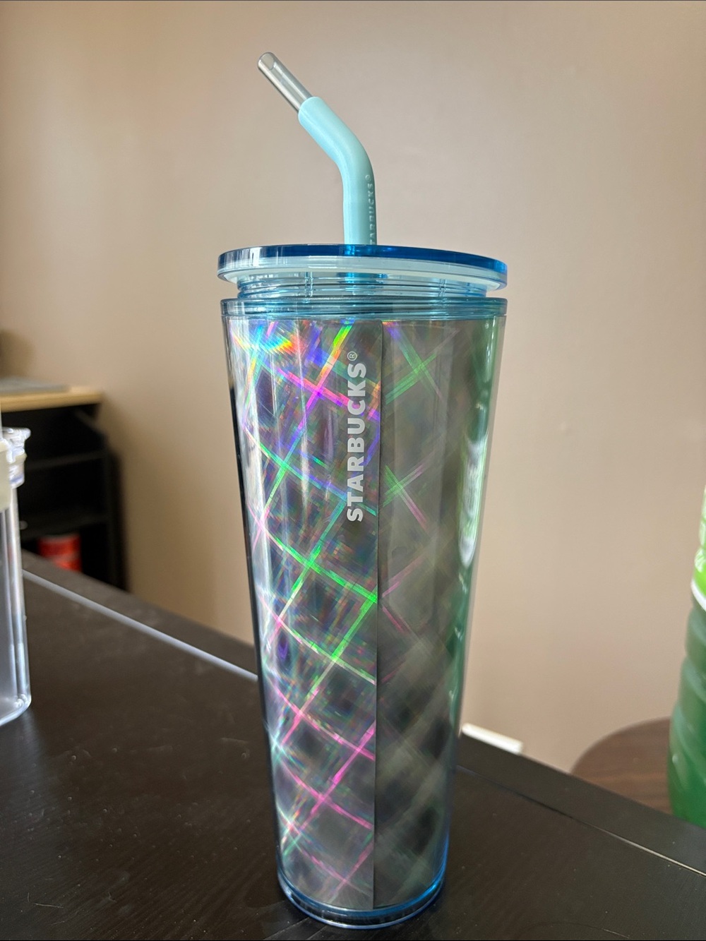 Starbucks Holographic Iridescent Tumbler with Light Blue Lid and Straw
